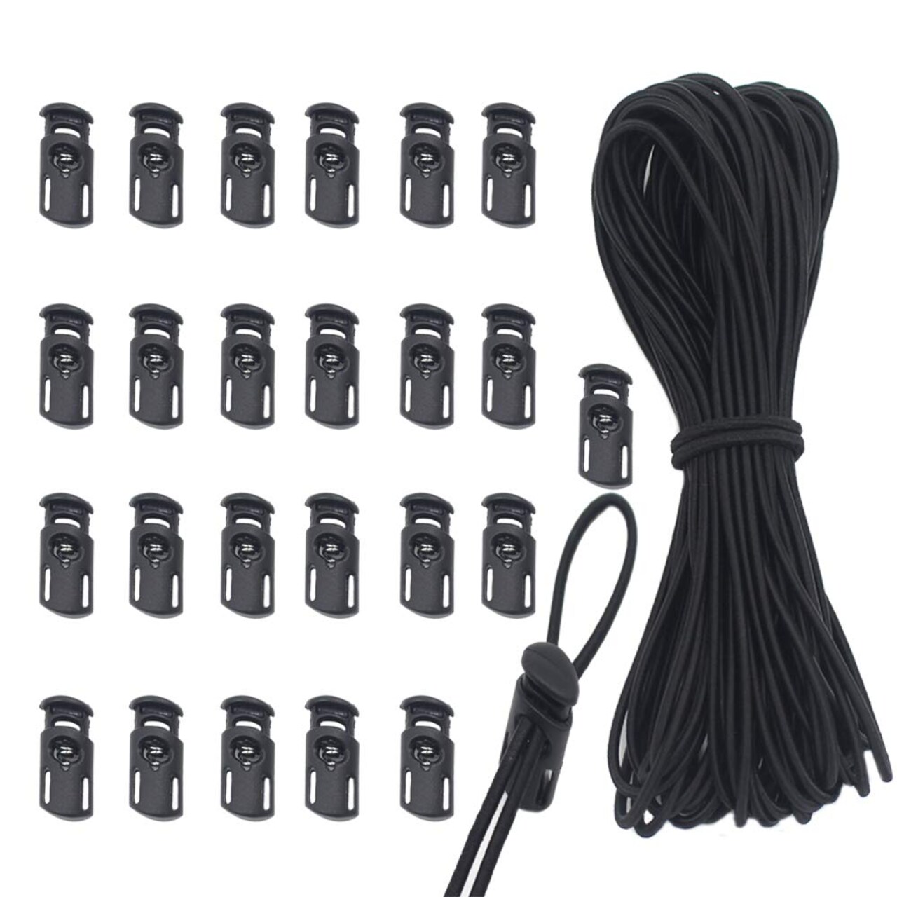 25 pcs Cord Locks Spring Toggle Stopper + 10 Yards 1/8 Inch Cord Stretch String for Drawstring, Shoelaces, Clothing, Backpack, Bags (Black)